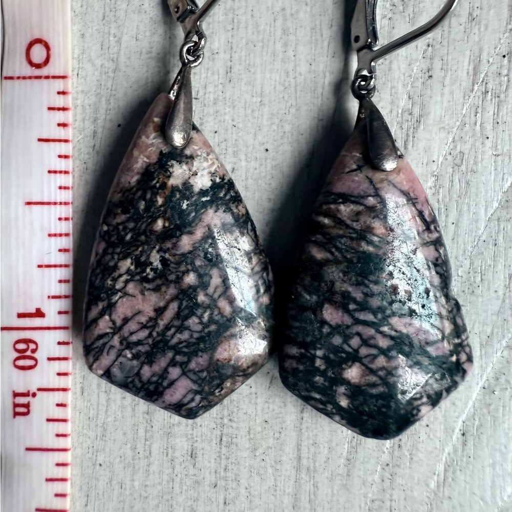 RHODONITE EARRINGS/Pink And Black Earrings/Pink Black Stone Jewelry - Picture 8 of 9